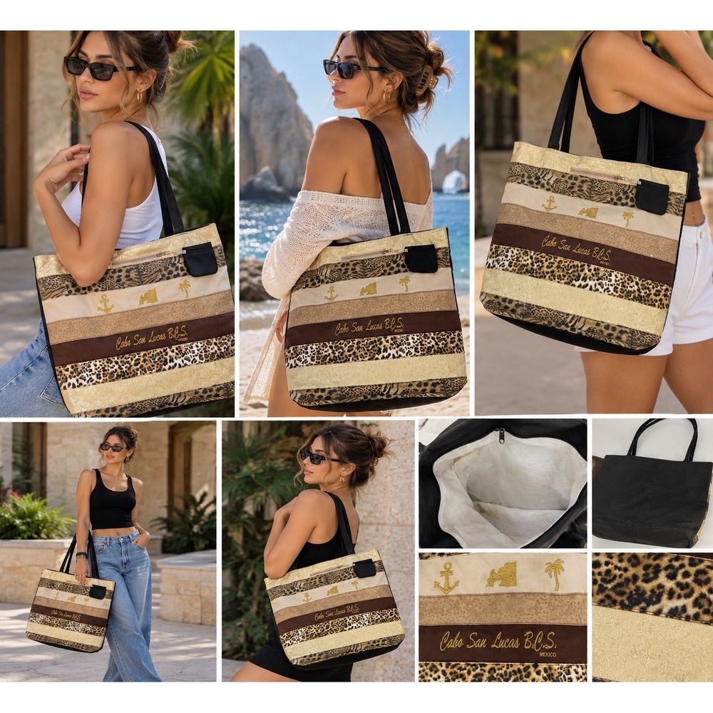 Cabo San Lucas Mexico Souvenir Tote Bag Leopard Gold Brocade Large Beach Bag